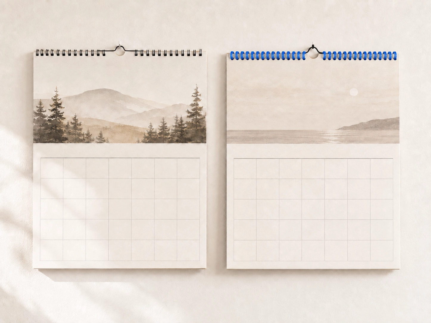 Comparison of wall-hung calendar display utilizing twin-loop wire versus plastic spiral coil binding techniques