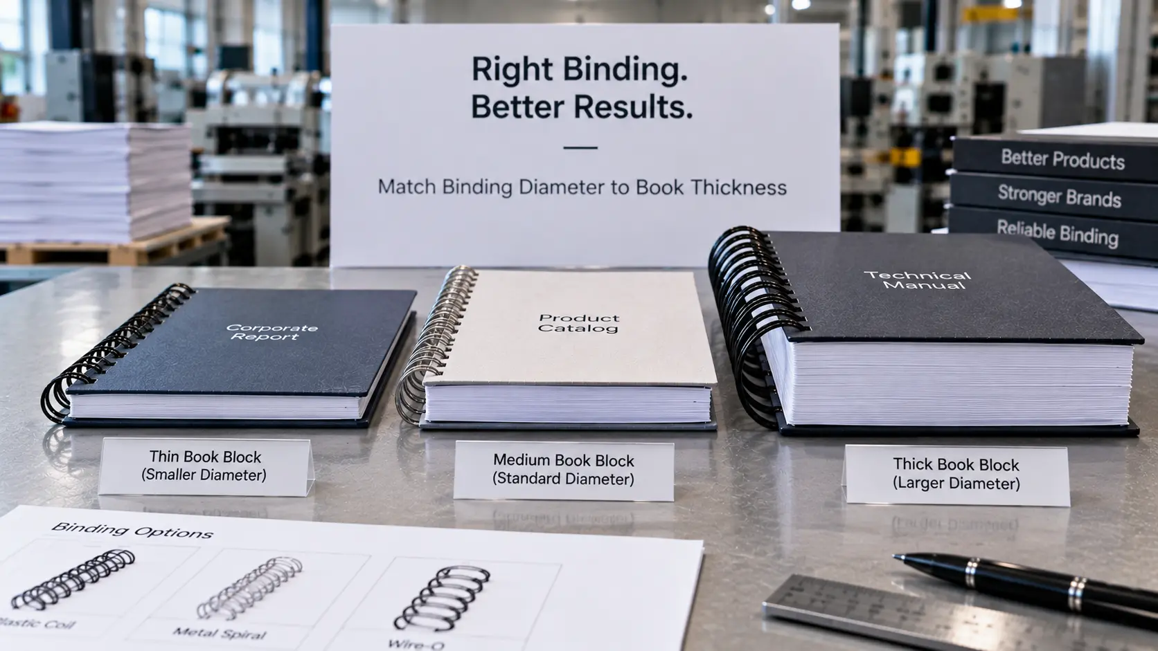 Thick documents with different book-block thicknesses and matched spiral coil diameters Allowed English labels inside image: Thin; Medium; Thick Thick documents with different book-block thicknesses and matched spiral coil diameters Allowed English labels inside image: Thin; Medium; Thick